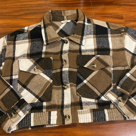 NWOT EditHer Flannel Brown Plaid Button-Up cropped Jacket XL Cotton blend New. - Picture 3 of 11